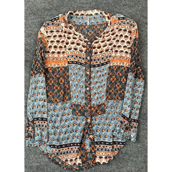 Free People Tops - Free People Rayon Crepe Caravan Patchwork Shirt Top‎ Women's XS Blue-Multi
